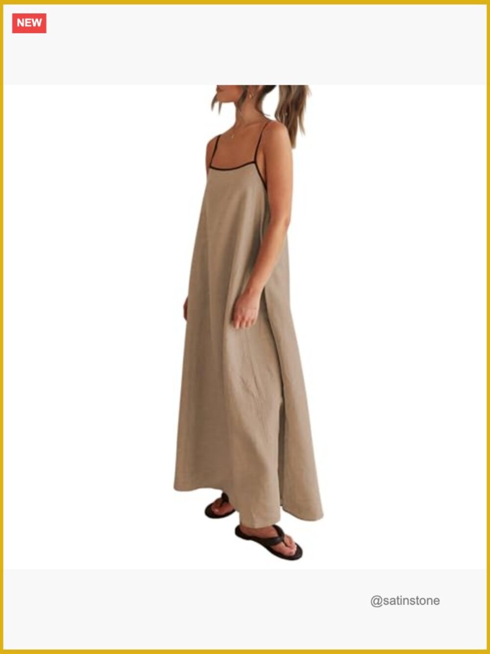 Linen Maxi Dress with Contrast Trim, Spaghetti Straps, Backless, Side Pockets - Picture 6 of 7